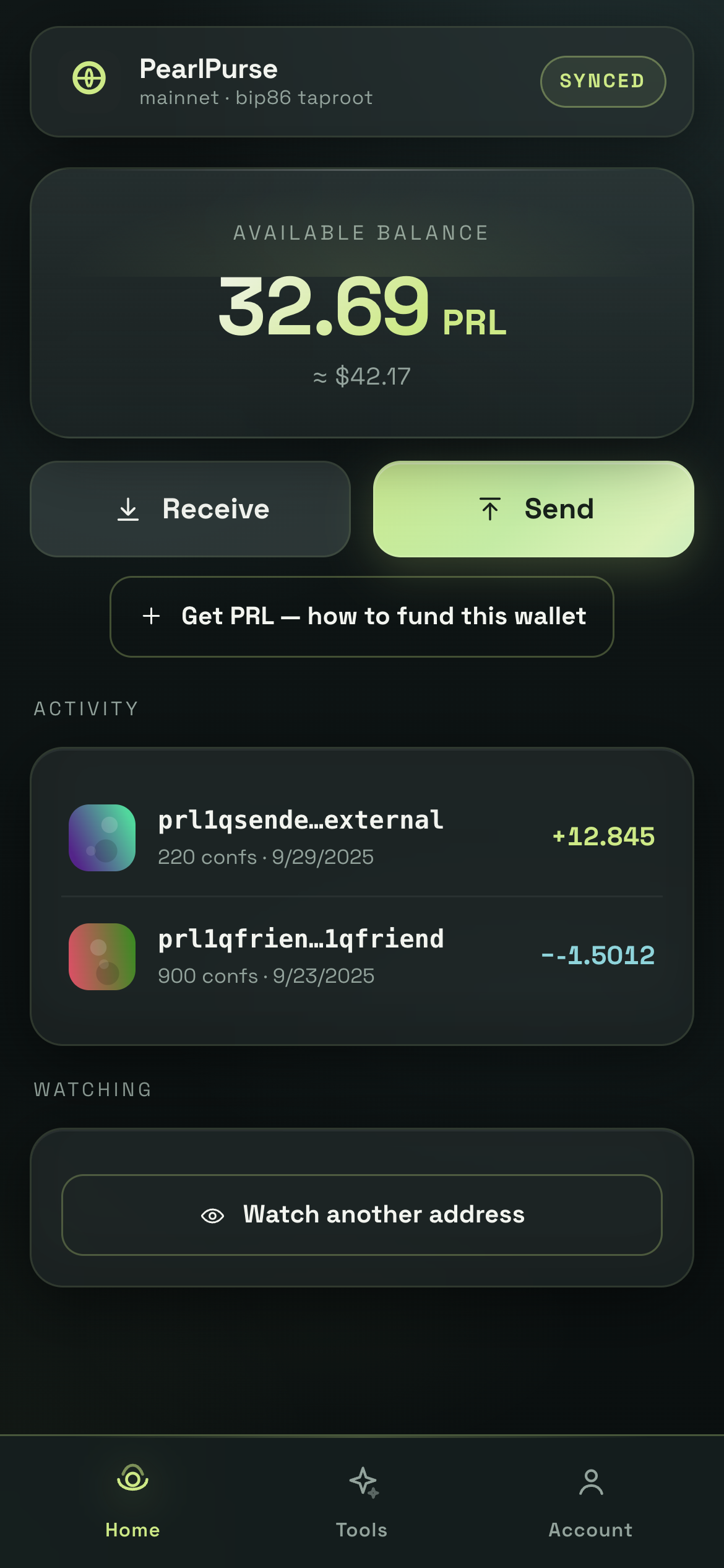 PearlPurse wallet home screen